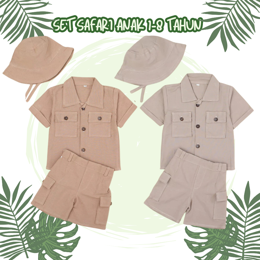 SETELAN BAJU SAFARI ANAK/ONE SET ZOO ANAK UNISEX 1-8 TAHUN( INCLUDE TOPI )