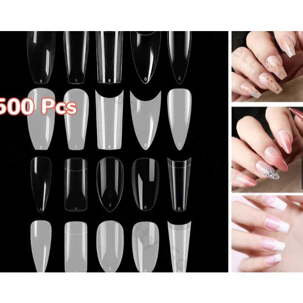 SET 500pcs KUKU PALSU OVAL BALERINA COFFIN HALF TIPS KUPAL HALF COVER stiletto kuku palsu extension 