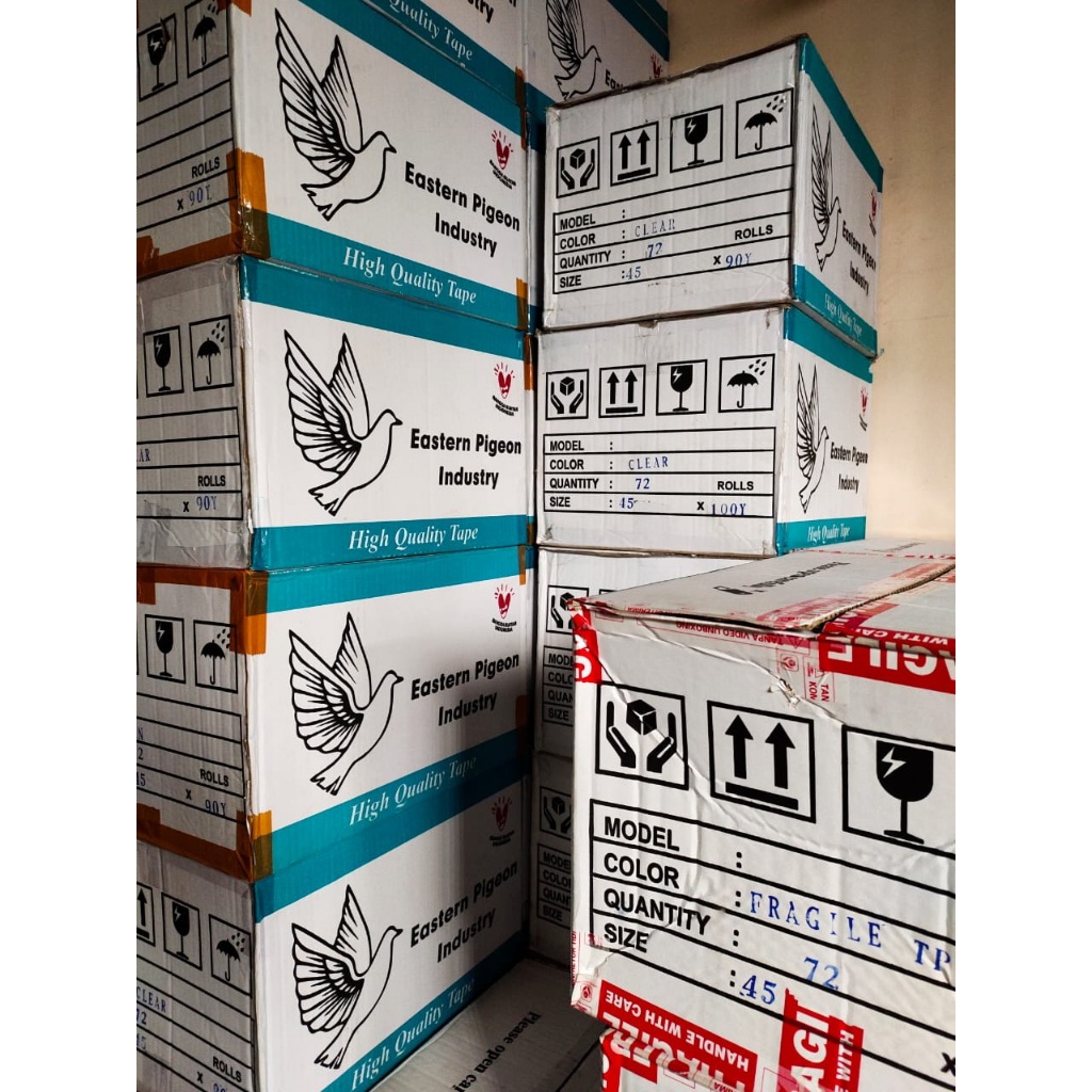 

Lakban 1 Dus 45mmx100yard 2 Inch Eastern Pigeon Selotip Opp 45 micron Packing Clear Tape Isolasi 1 kardus Isi 72 roll