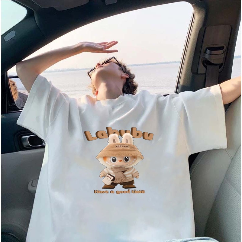 baju kaos oversize pria Pencetakan pola beruang 100% Cotton Kaos Lengan Pendek Pria Putih