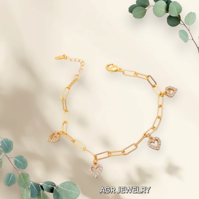 Gelang Wanita Rantai Paper Klip Permata Love Perhiasan Lapis Emas 18k