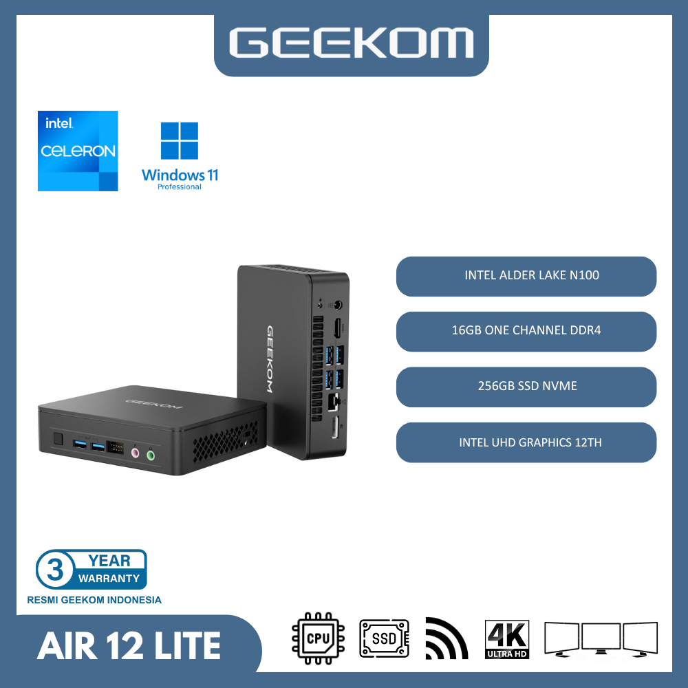 Geekom Mini PC Air 12 Lite Intel Alder Lake N100 RAM 16GB DDR4 256SSD Windows 11 PRO Wifi Bluetooh