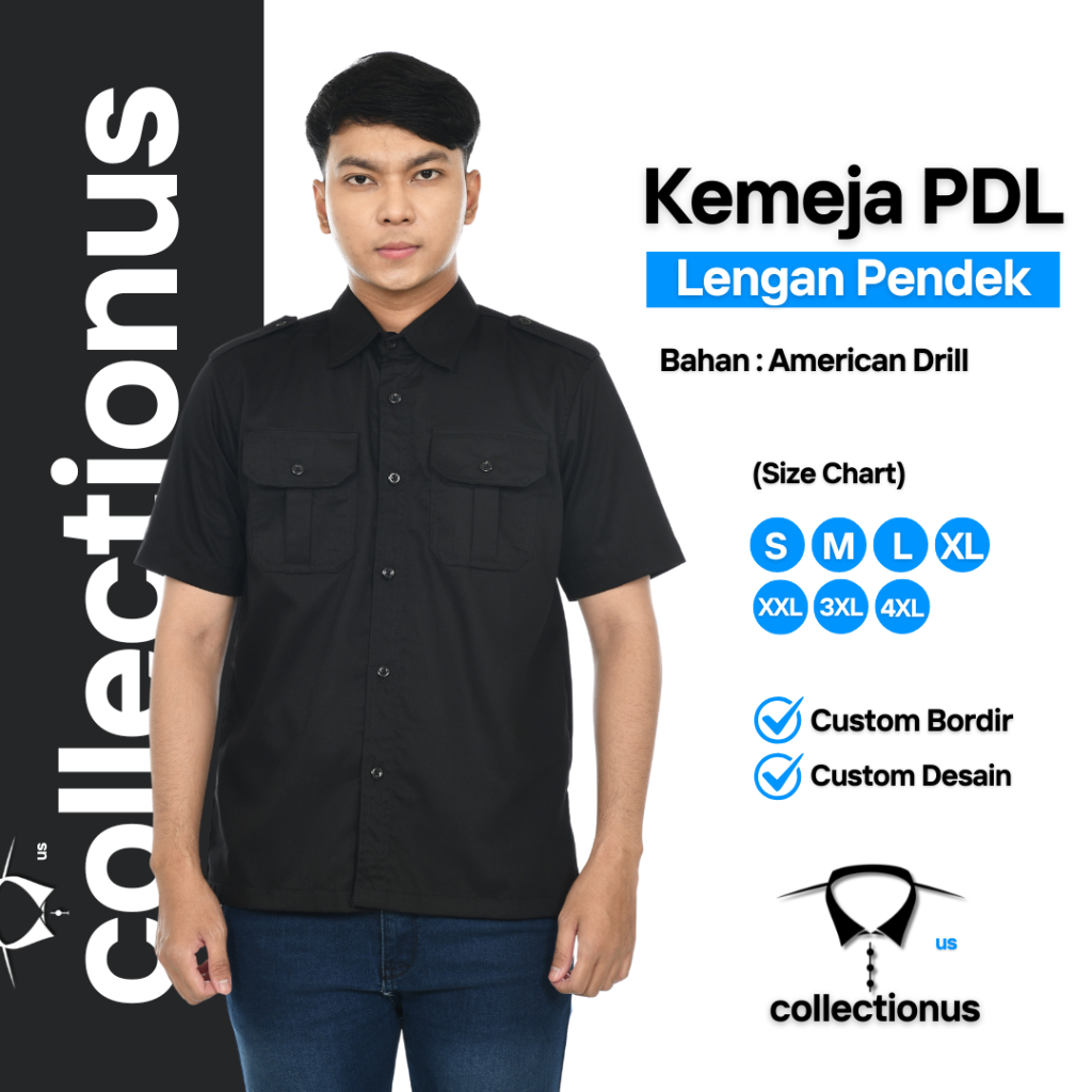 Baju Kemeja PDL Black Hitam Lengan Pendek Seragam Kerja Dinas Lapangan Outdoor Komunitas Custom Seko