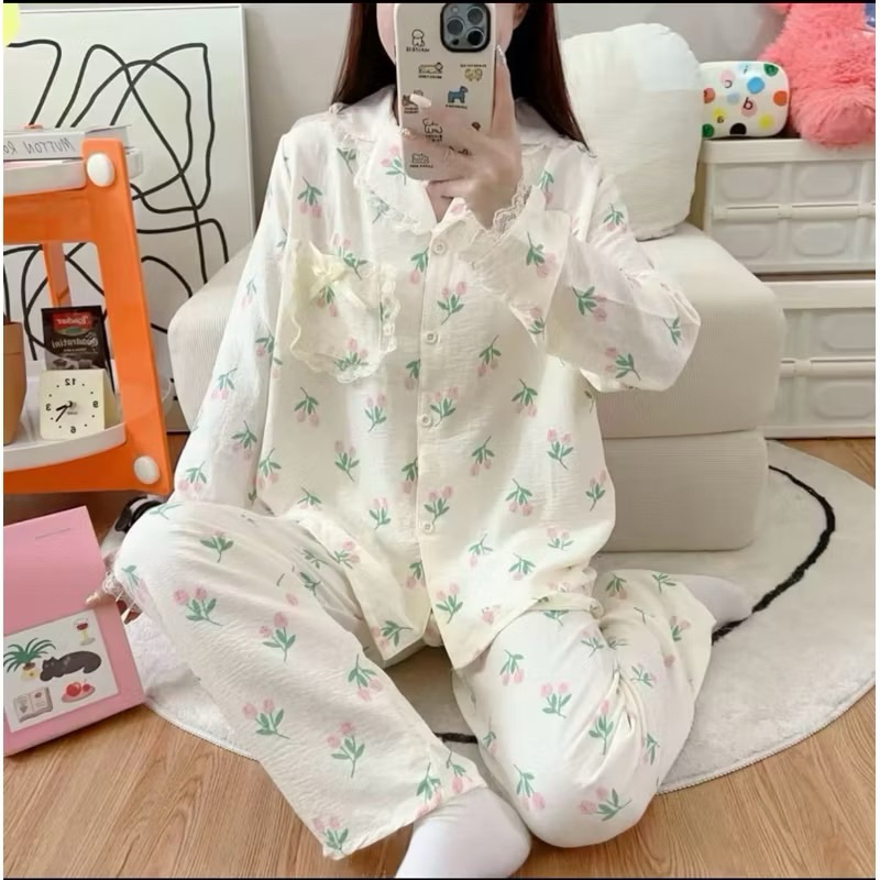 Piyama Wanita Korea/Piyama Korea/Baju Tidur Wanita Piyama/Setelan Piyama Korea/Piyama Lengan Pendek/
