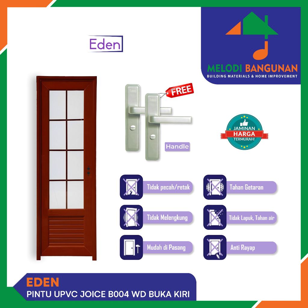 Eden - Pintu Kamar Mandi Wc Upvc Joice B004 WD Wood Buka Kiri Coklat Muda