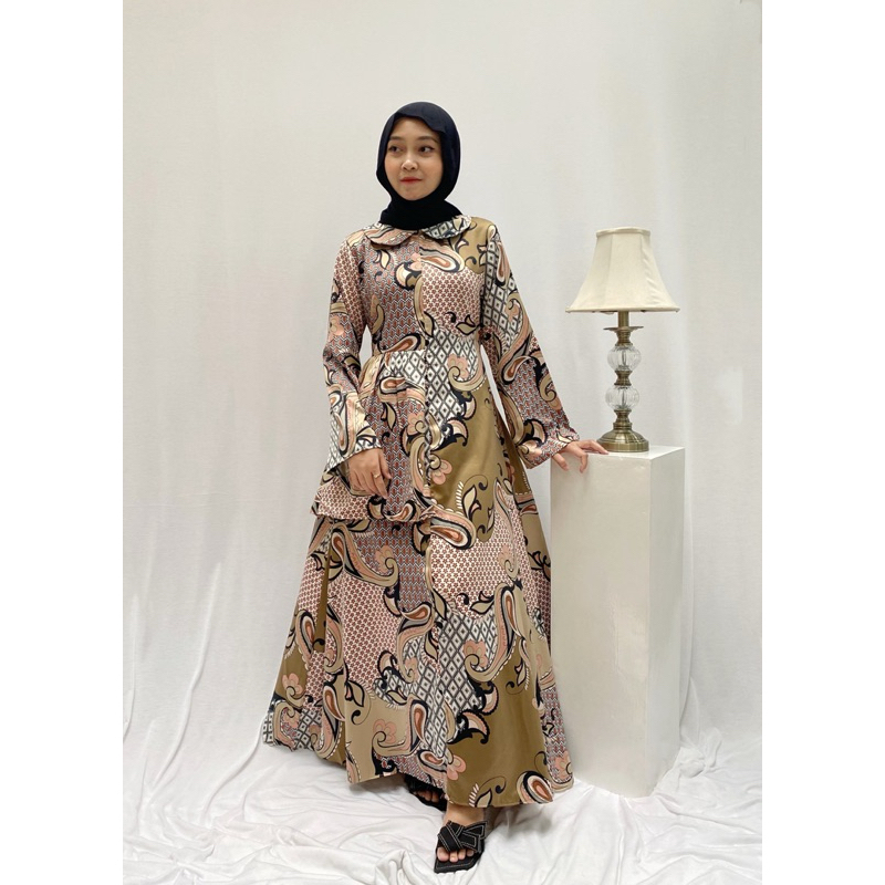 ELBASYARA - NAYA DRESS SILK | Gamis Silk Satin Motif | Brown