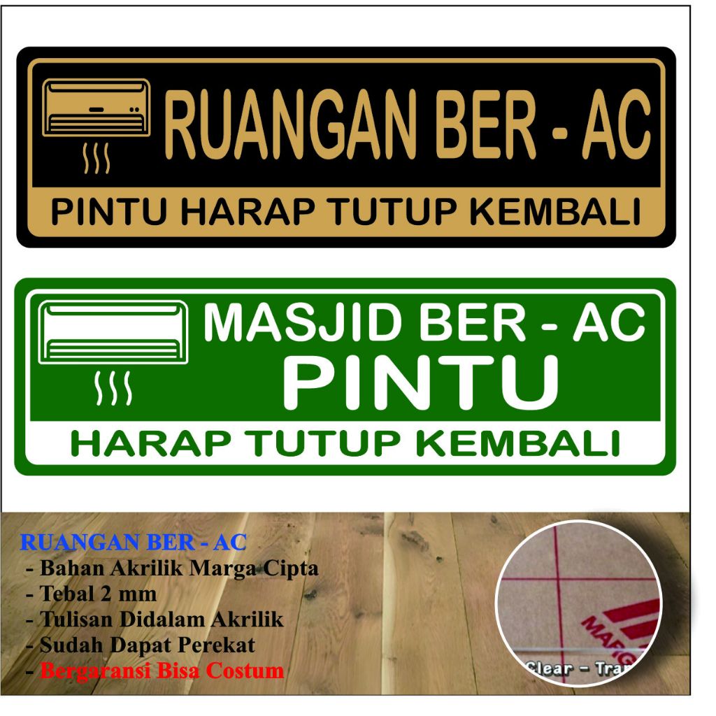 AKRILIK SIGNAGE RUANGAN BER AC PINTU HARAP TUTUP KEMBALI MUSHOLA BER AC ACRYLIC