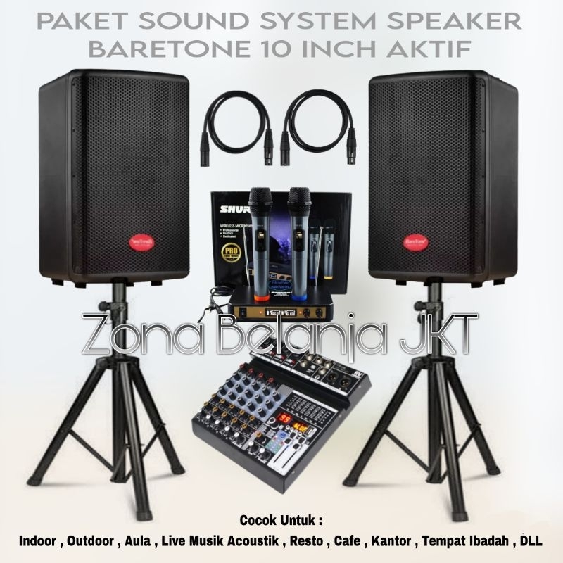 PAKET SOUND SYSTEM KARAOKE LIVE MUSIK SPEAKER BARETONE 10 INCH AKTIF MIXER 6 CHANNEL USB BLUETOOTH M
