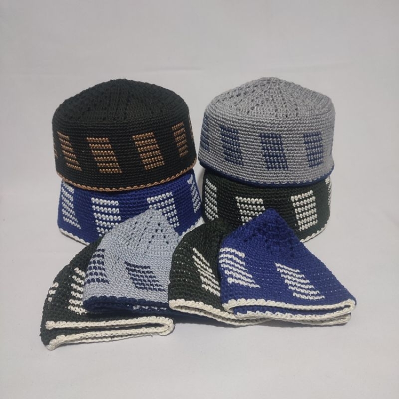 kopiah rajut tangan sulam / kopiah motif / peci  lipat / songkok rajut tebal / All size