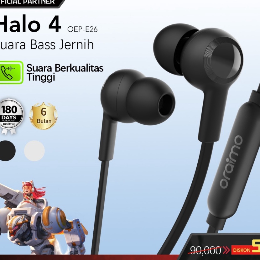 Wow oraimo Headset Berkabel Halo 4 OEPE26 Eahone InEar Bass Universal Jack 35Mm Panjang 13M Hitam Ea