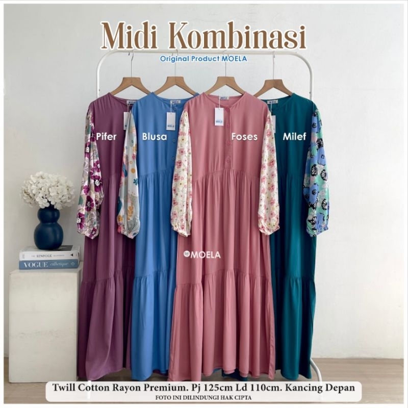 Moela - Midi Kombinasi motif polos twill rayon midi dress