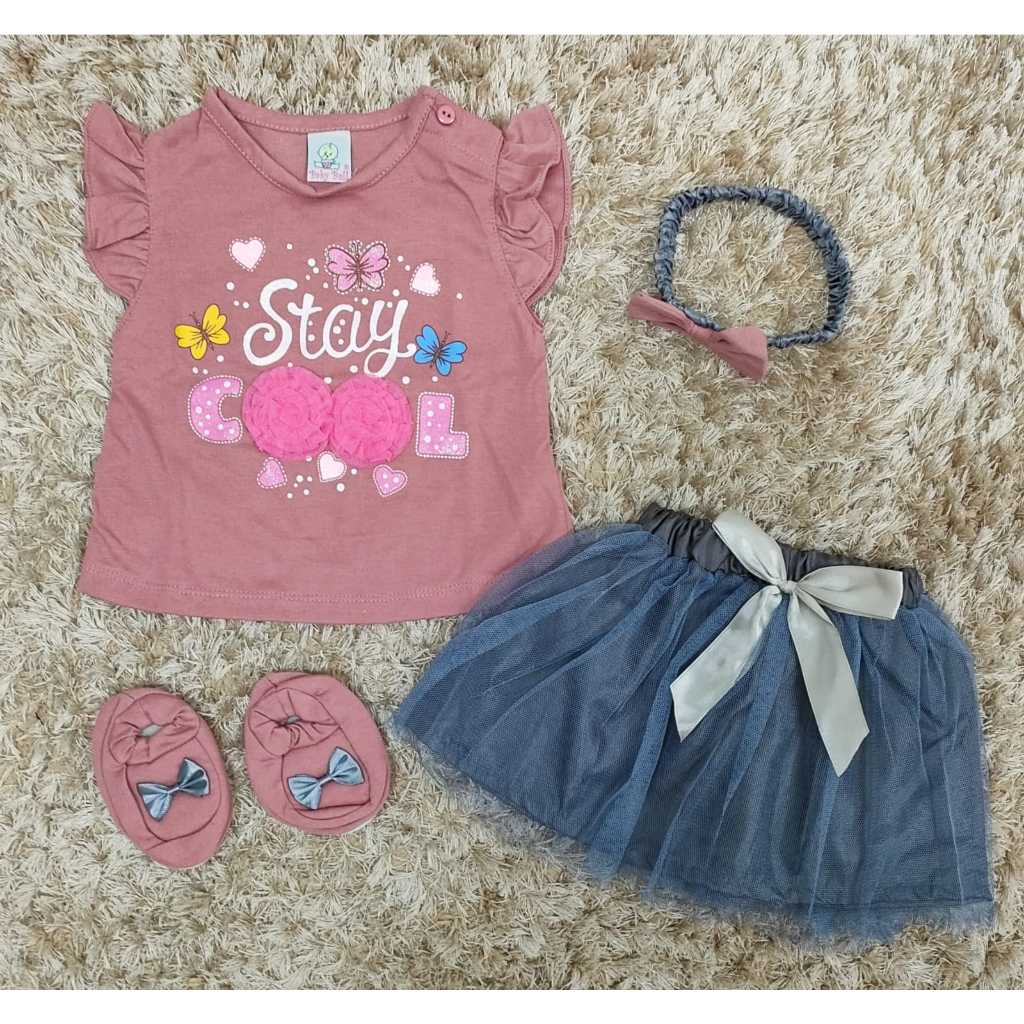 Setelan Bayi Perempuan Set Free Sepatu, Headband, Rok Tutu Nempel Motif Stay Cool