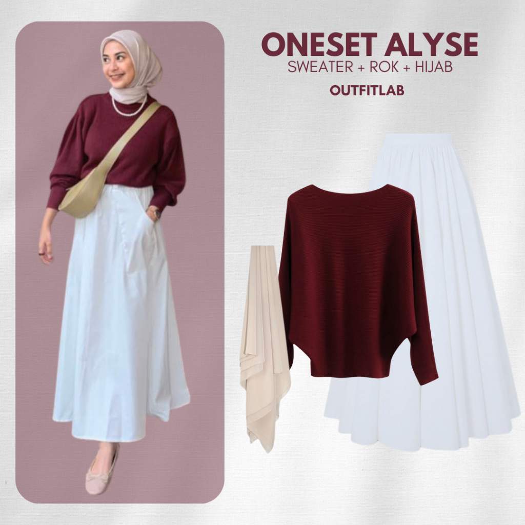 Alyse Outfit Set Nongkrong Setelan Wanita (Sweater + Rok + Hijab)OOTD Ala Korea Kekinian Remaja Hits