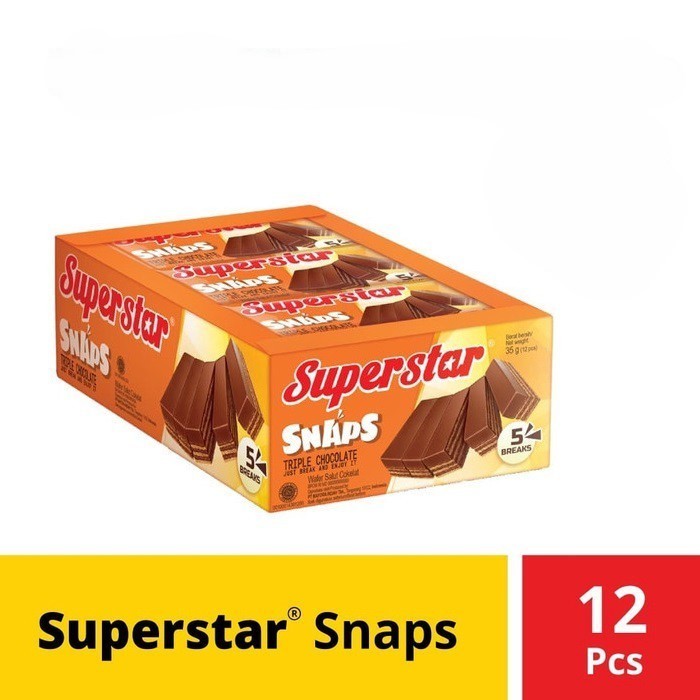 

SUPERSTAR SNAPS ISI 12 x 28 GRAM 1 BOX TRIPLE CHOCOLATE BISKUIT WAFER KUE CEMILAN ANAK GROSIR MURAH MAKANAN