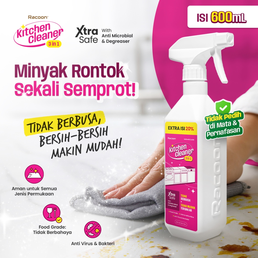 RACOON Spray Pembersih Dapur EXTRA 20% 600ML | Tidak Berbusa | Food Grade | Racoon Kitchen Cleaner