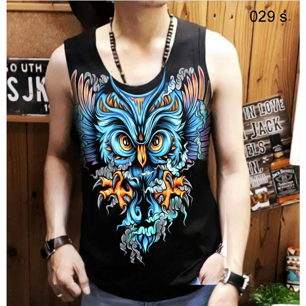 Singlet Pria Hitam Santai Dan Gym Motif Owl Batik