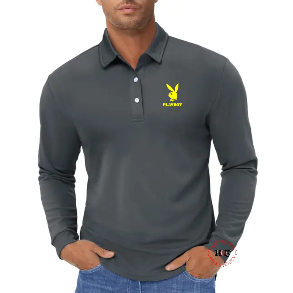Haye Fashion - Shirt Unisex Polo Lengan Panjang Playboy Kuning Kaos Kerah Polo Seragam Baju Santai