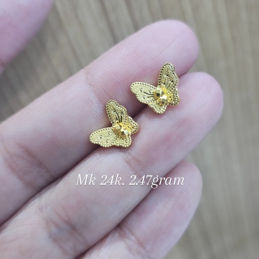 GIWANG ANTING TUSUK EMAS BUTTERFLY 24K 24 KARAT BENTUK KUPU KUPU CANTIK MANIS