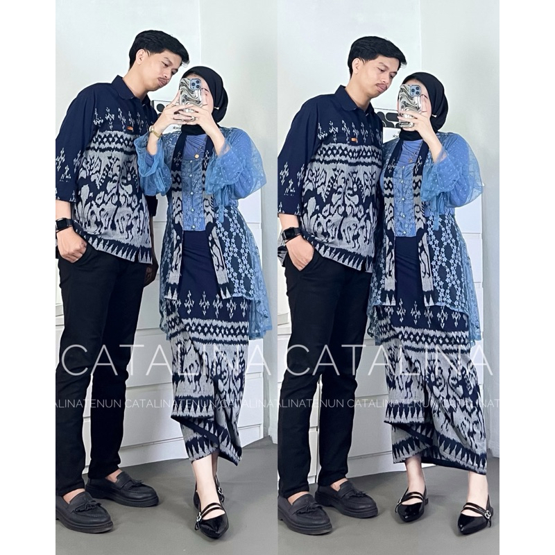 BAJU TENUN COUPLE NEW SET KEBAYA WIDURI  NAVY BAJU KONDANGAN COUPLE ONE SET WANITA OUTFIT KONDANGAN