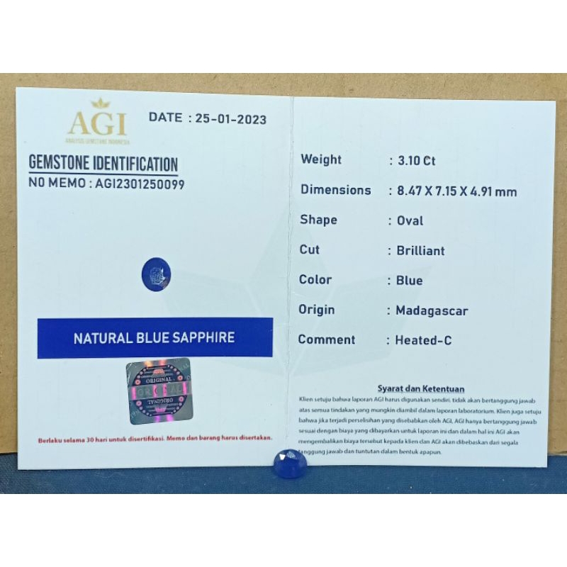 BERSERTIFIKAT LAB, BATU PERMATA BLUE SAFIR CORONDUM ASLI NATURAL