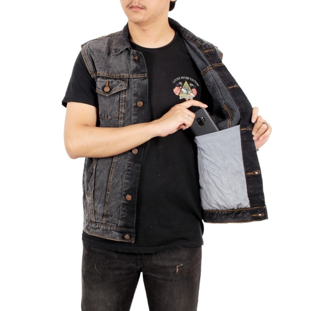DISKON SIXTEEN - Rompi Jeans Pria Big Size Rompi Motor Klasik Denim Sandwash Gray Black Flower