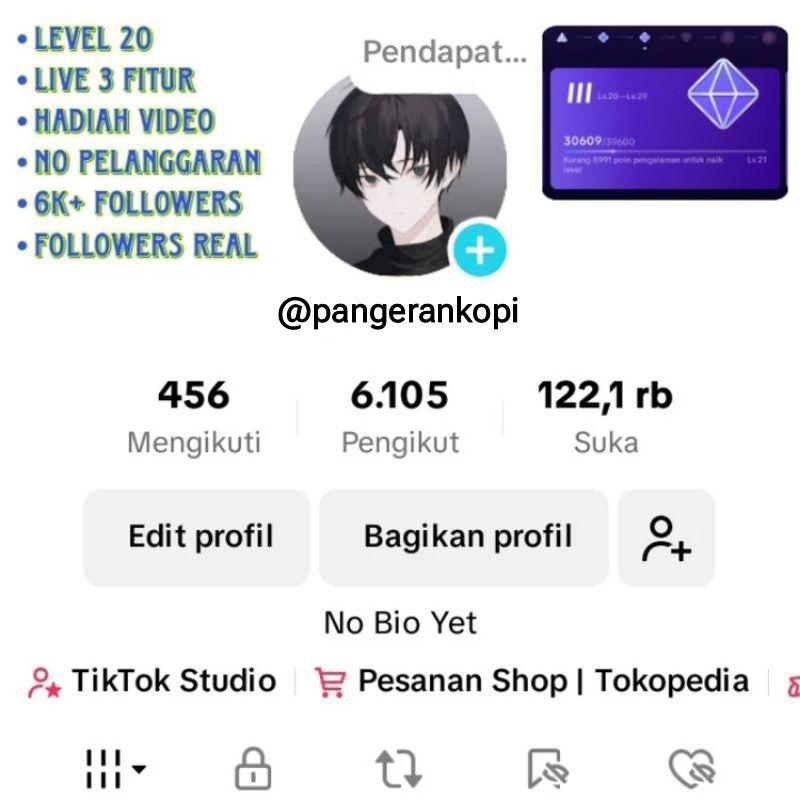 AKUN TIKTOK LEVEL 20 (6K+ FOLLOWERS)