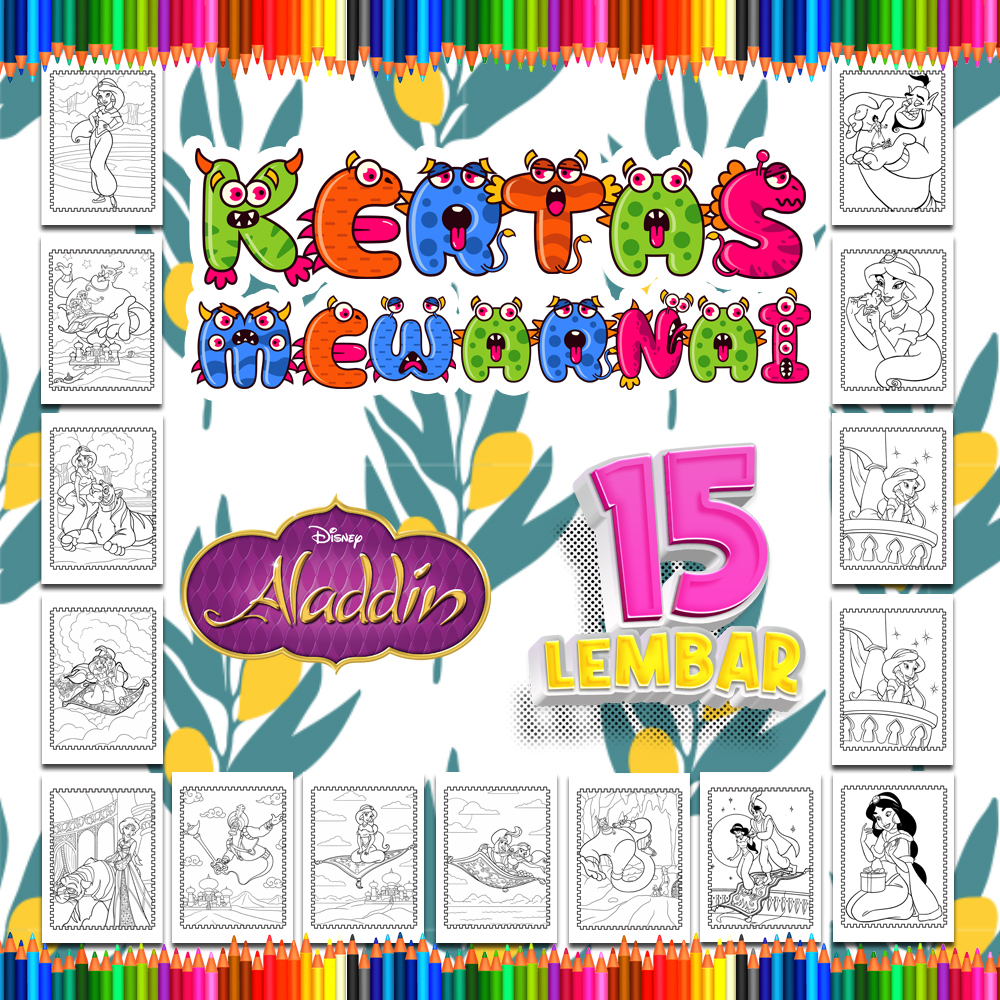 

Kertas mewarnai anak 15 Lembar. coloring worksheet paket lengkap sketsa Tema [Aladdin]