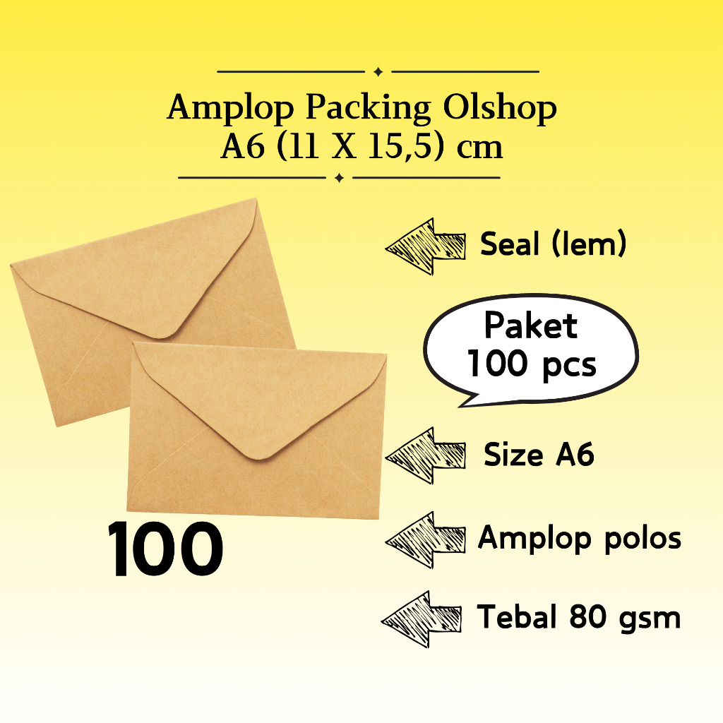 

100 Pcs Baronial - Amplop Packaging Kraft Potrait Amplop Klasik Coklat Polos Seal (Pakai Lem) A6 11 x 15,5 cm