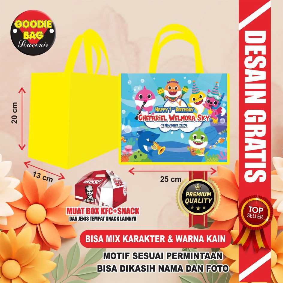 

tas ultah baby shark / baby shark ultah / tas ulang tahun anak / tas ultah anak baby shark / tas bingkisan ultah baby shark / tas ulang tahun / goodie bag ultah baby shark
