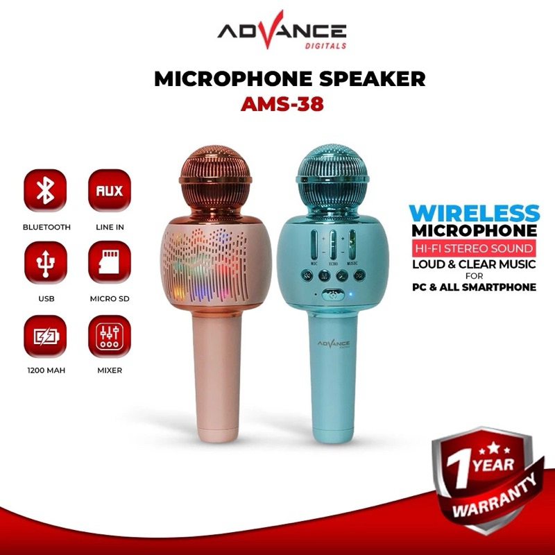 Mic Blutooth ADVANCE AMS-38 MIC Wireless Bluetooth Audio ALL IN 1 Microphone Speaker Advance Mic Blu