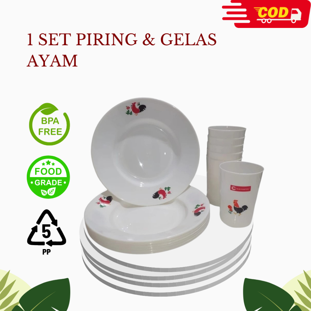 Set Piring & Gelas Ayam Plastik/Piring Plastik/Gelas Plastik/Piring & Gelas jadul