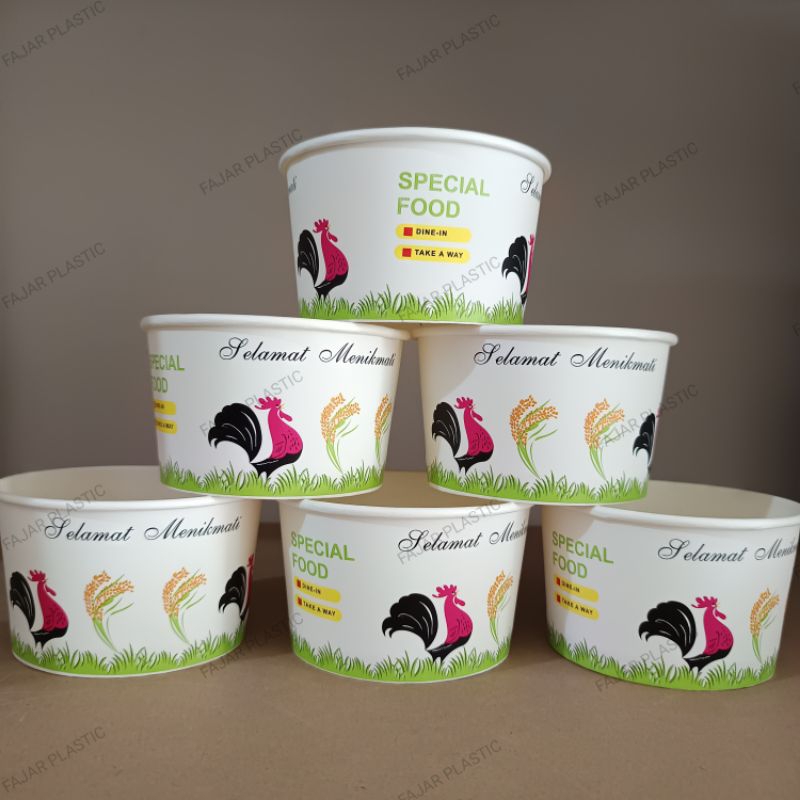 25 Pcs Paper Bowl Motif Ayam Jago + Tutup - Mangkok Kertas / Rice Bowl Food Grade