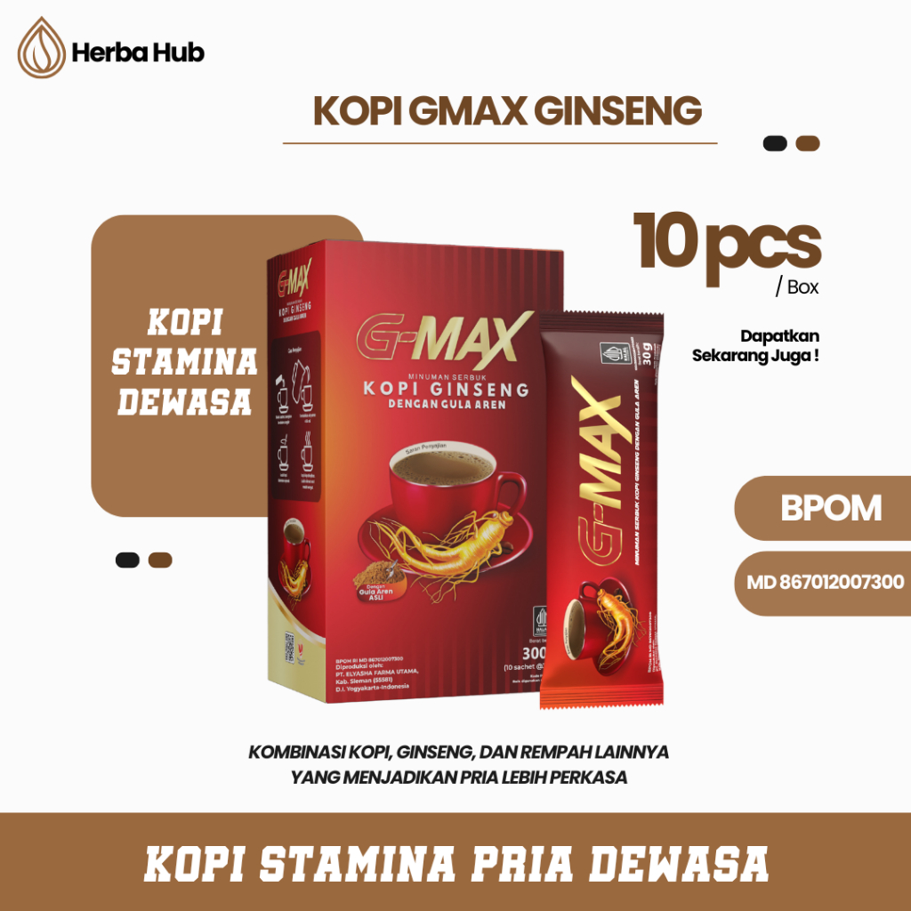 

Kopi G-MAX - Kopi Gingseng Pria 1 Box isi 10 sachet Original kopi Herbal Alami Berkualitas Kopi kuat berhubungan