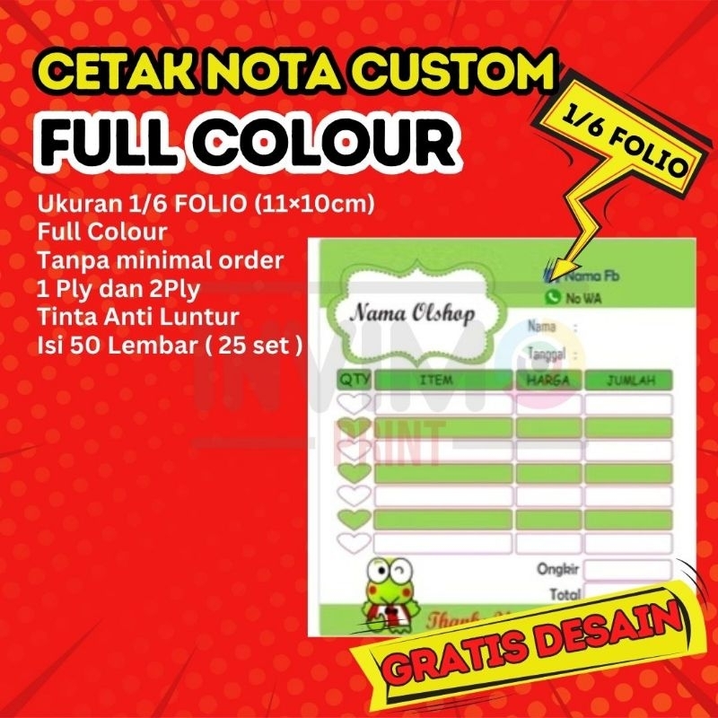 

[100lembar] CETAK NOTA CUSTOM FULL COLOUR 1/6 FOLIO