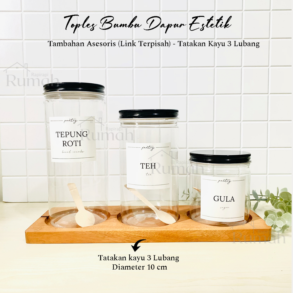 Toples Plastik Bumbu Dapur Estetik Tutup ALUMINIUM HITAM 600 1000 ml - FREE Stiker & Sendok Kayu