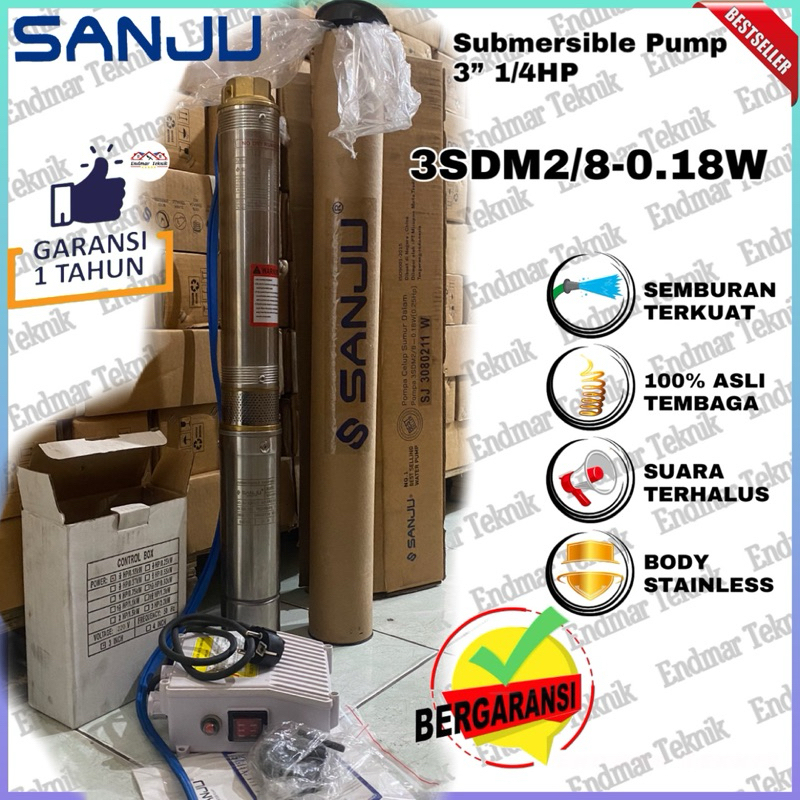 SANJU Submersible Pump 3 inch  0.25 PK 1/4 HP 180 watt Pompa Celup Satelit BODY FULL STAINLESS TEEL 