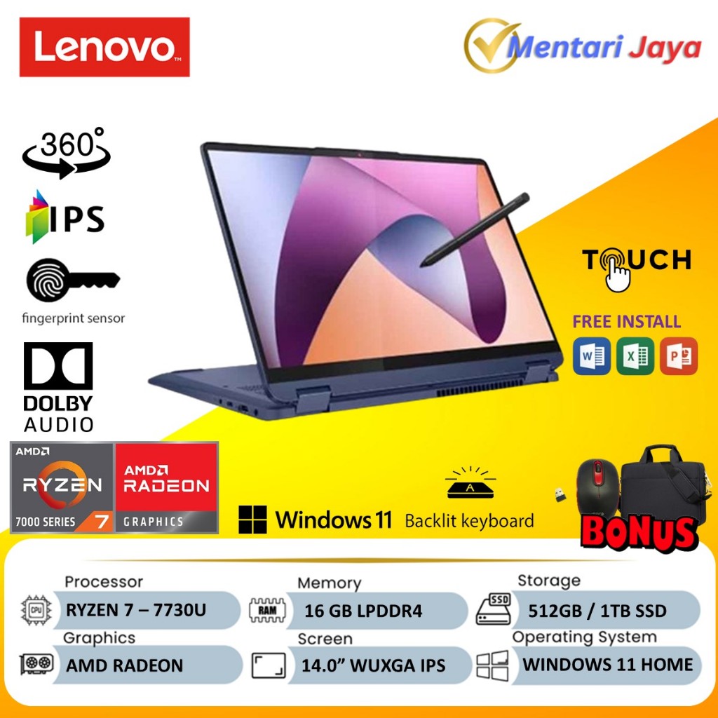 LENOVO IDEAPAD FLEX 5 14 AMD RYZEN 7 7730U 16GB 1TB SSD WUXGA IPS TOUCH WINDOWS 11