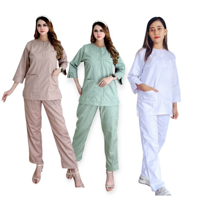 baju oka lengan 7/8 busui putih srub medis seragam perawat  jaga