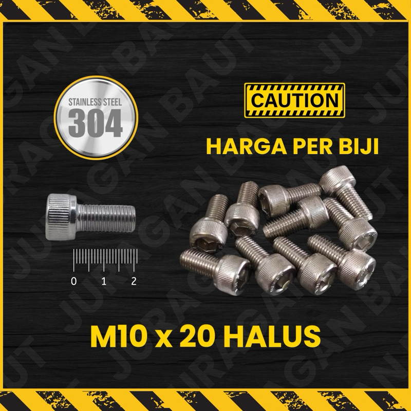 BAUT L STAINLESS M10X20 M10 X 20 DRAT HALUS BAUT KUNCI 14 PANJANG 20 MM 2 CM ANTI KARAT A2-70 SS304