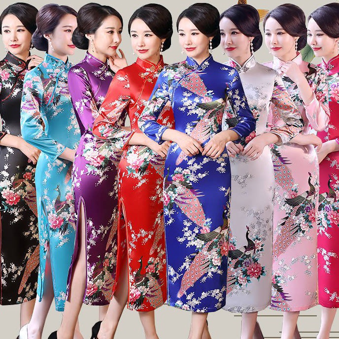 FG2 Lengan Panjang Cheongsam Wanita Cheongsam Retro Etiket Kostum Catwalk Dress