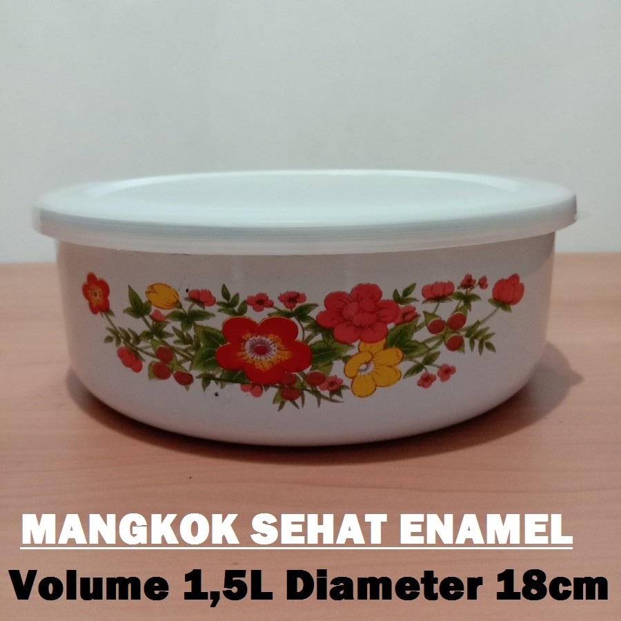 Mangkok Sehat 1,5 Liter, Mangkok Enamel Tutup Plastik Kedap Udara 18cm Motif Bunga