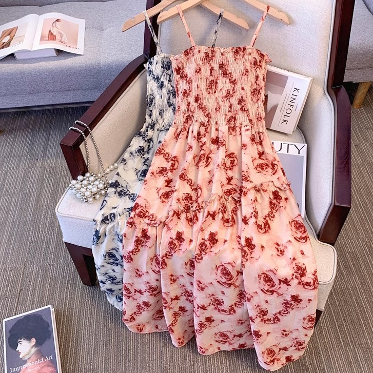 【boll.id】Dress Wanita Kekinian Dress Korean Style Midi Dress Pantai Rok Motif Bunga Long Dress Casua