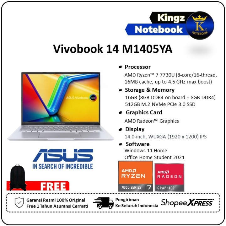 ASUS Vivobook 14 M1405YA Ryzen 7 7730U 16GB 1TB Win11+OHS 14" WUXGA IPS