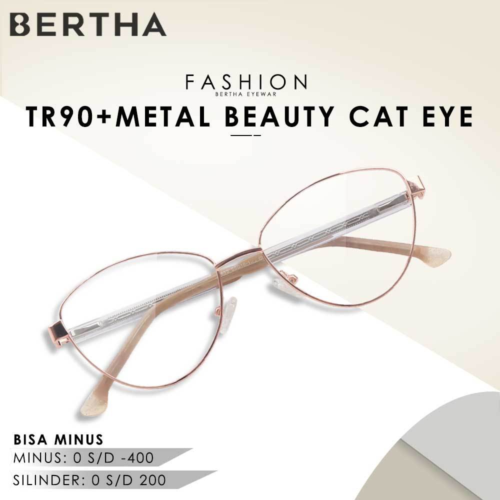 Bertha Frame Kacamata Lensa Plano Style Cat Eye Bahan TR90+Metal Kokoh TerBaru Fashion Wanita Bisa M