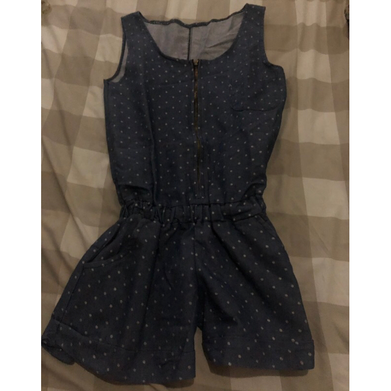 Preloved Jumpsuit Overall Playsuit Zipper Resleting Jeans Blue Denim Dark Polkadot White Putih Short