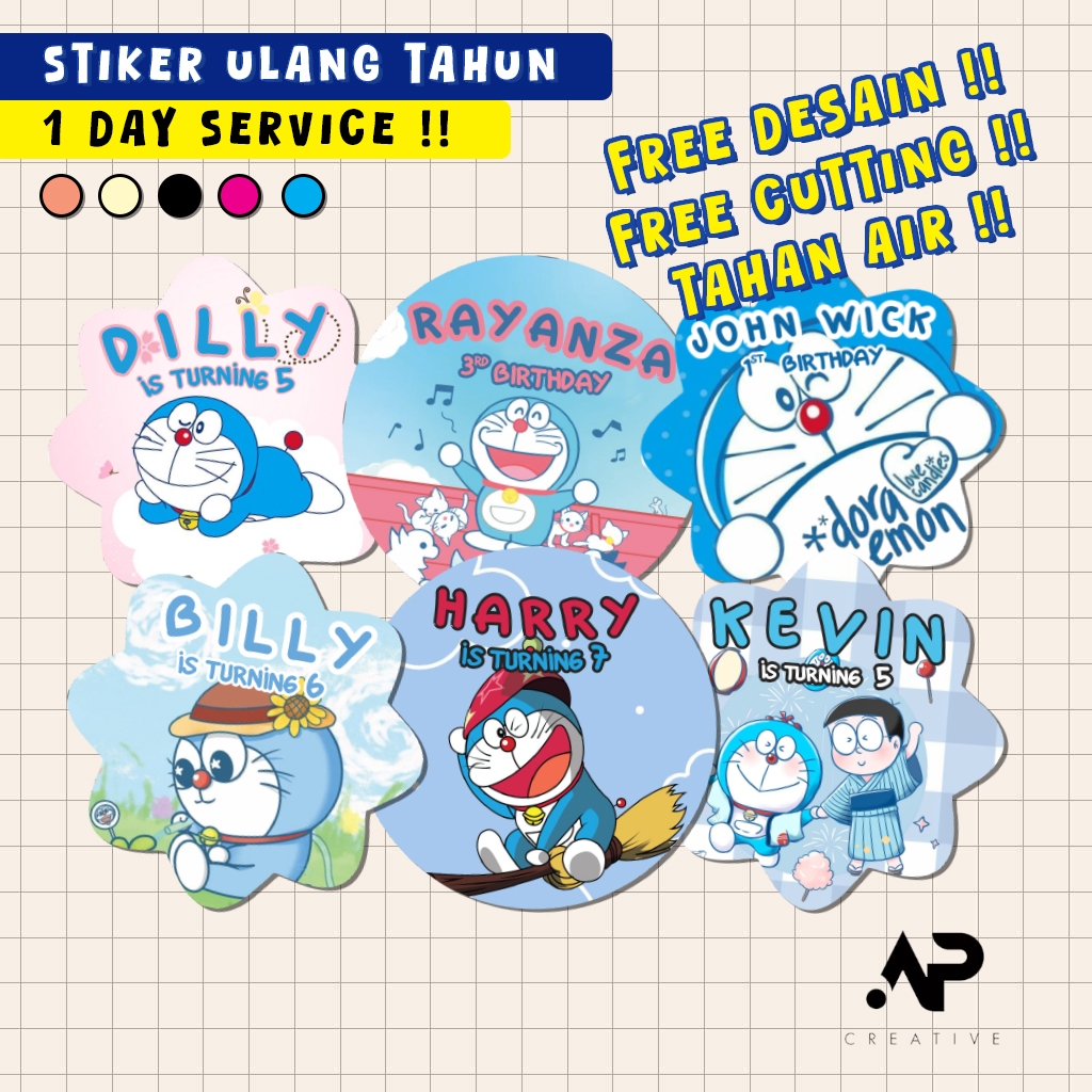 

ANTI AIR Stiker Ulang Tahun DORAEMON EDITION Stiker Label Ultah Anak Custom Nama Free Desain