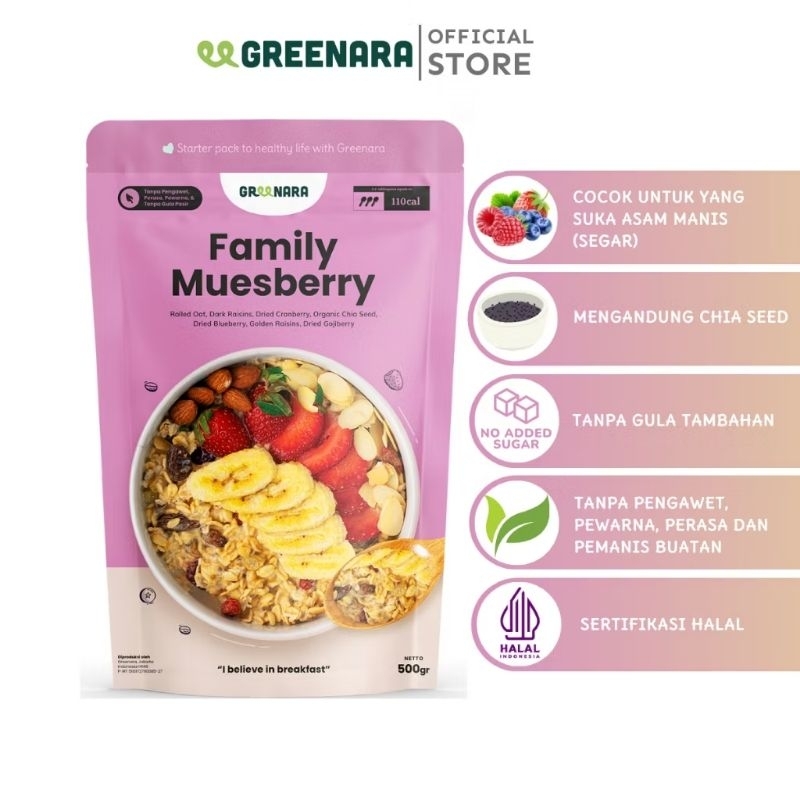 

Greenara - Family Muesberry rolled oat, cranberry, raisins, organic chiaseeds, blueberry, gojiberry 500gr / Sarapan Sehat