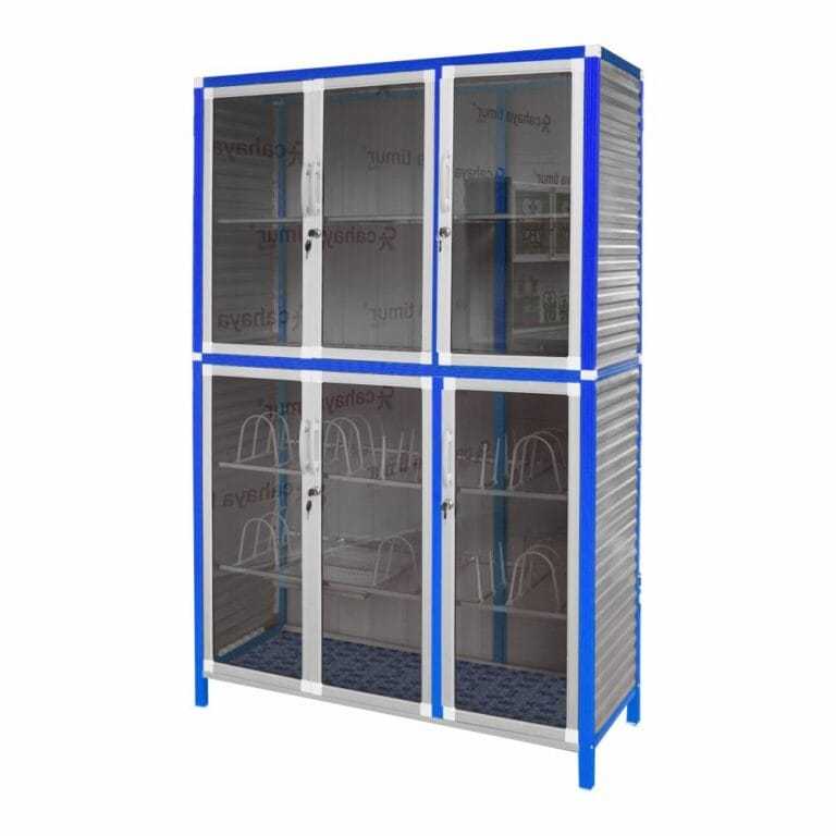 Lemari / Rak Piring / Rak Dapur 3 Pintu Full Box Kaca Rayben Bahan Alumunium