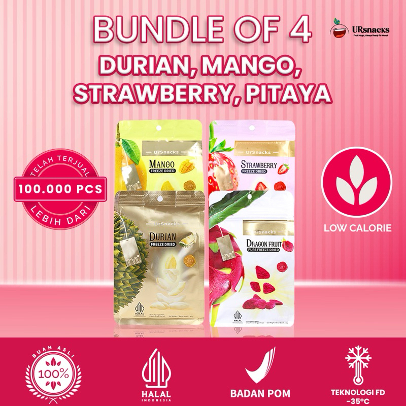 

URSNACKS Bundle Of 4 - Freeze Dried Keripik Sehat Durian + Mango + Strawberry + Dragon Fruit