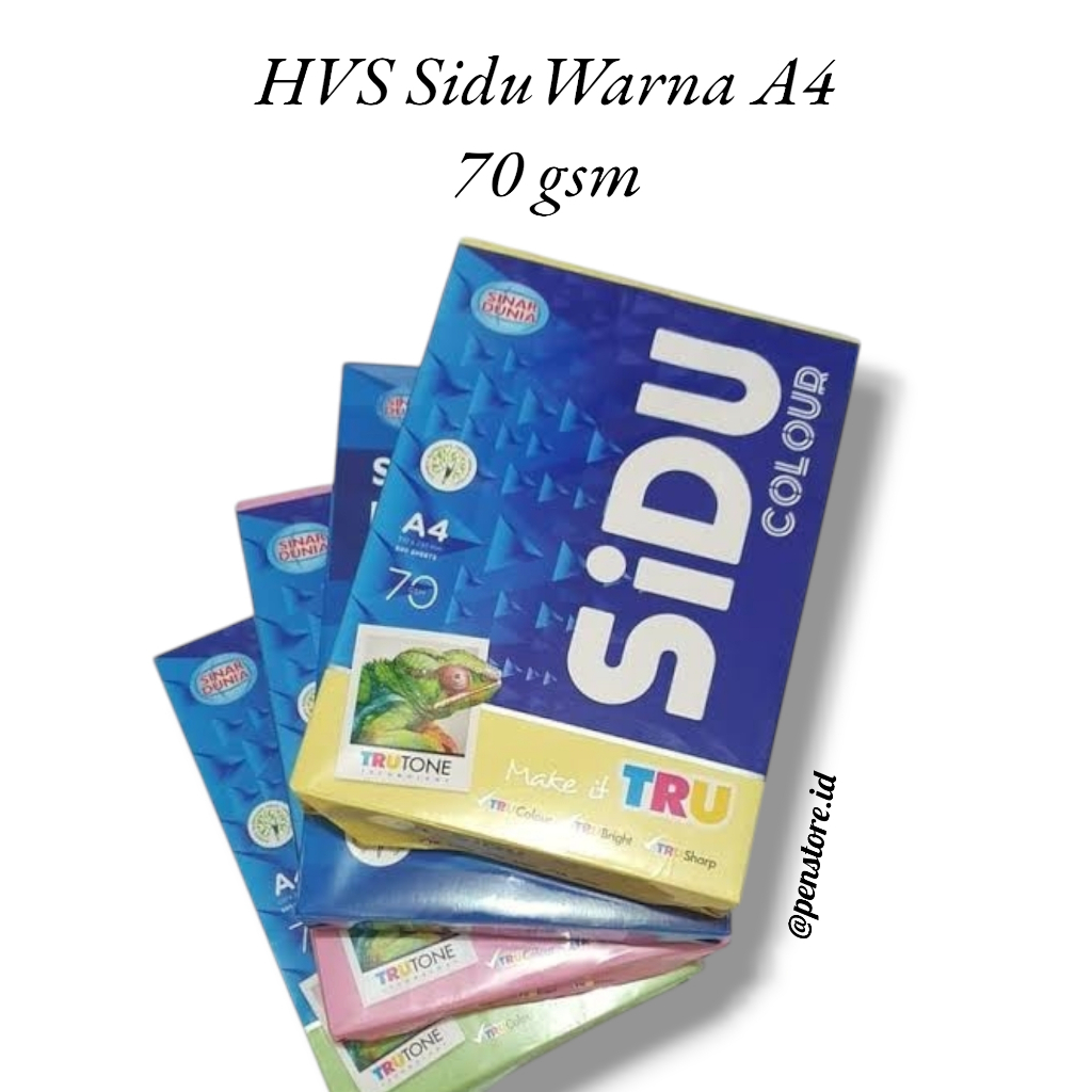 

(Rim = 500Lembar)HVS SIDU Warna A4 70 Gram Pink, Kuning, Hijau, Biru - Kertas Print Fotocopy